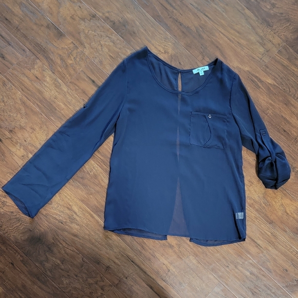 Boutique Style Navy Sheer Long or Quarter Sleeve Size Small Open Back Blouse Top - Picture 4 of 11